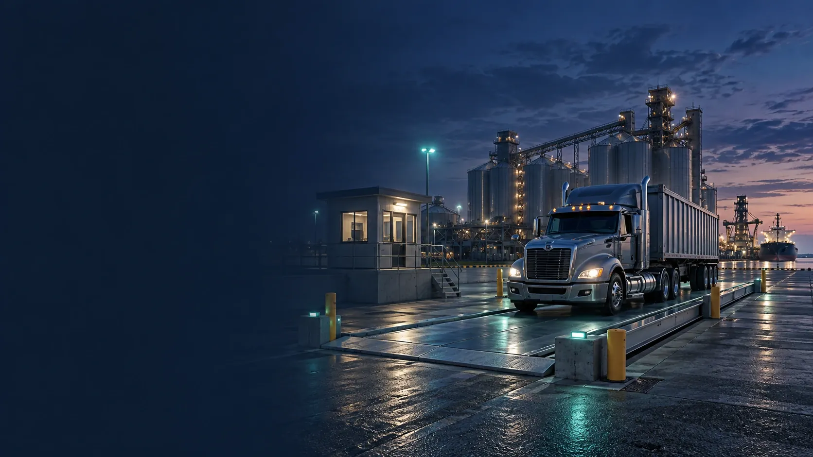 Illustration of a truck on an illuminated weighbridge at an industrial waterfront at twilight.